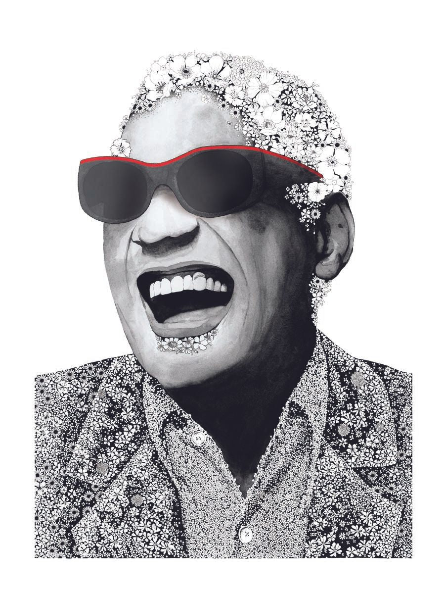 Estampe figuratif petit format blanc et noir RAY CHARLES – CAMILLE POLI – 30 × 40 cm