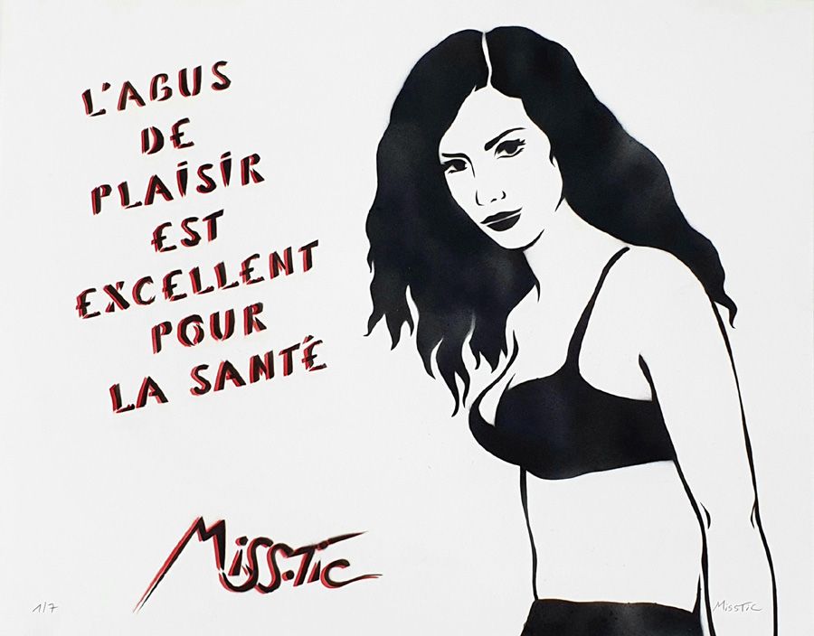 Estampe figuratif petit format blanc et noir L'ABUS DE PLAISIR EST EXCELLENT POUR LA SANTÉ (aérosol) – MISS TIC – 40 × 50 cm