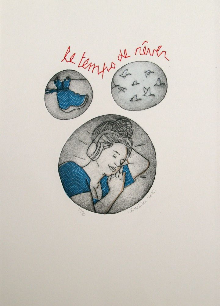 Estampe figuratif petit format bleu et gris Le temps de rêver – NAVIEILLEVILLE – 18 × 26 cm