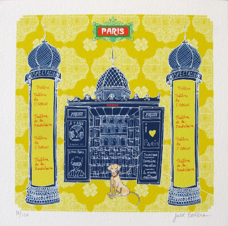 Estampe figuratif petit format bleu et jaune Le kiosque a chien – JULIE ZEITLINE – 30 × 30 cm