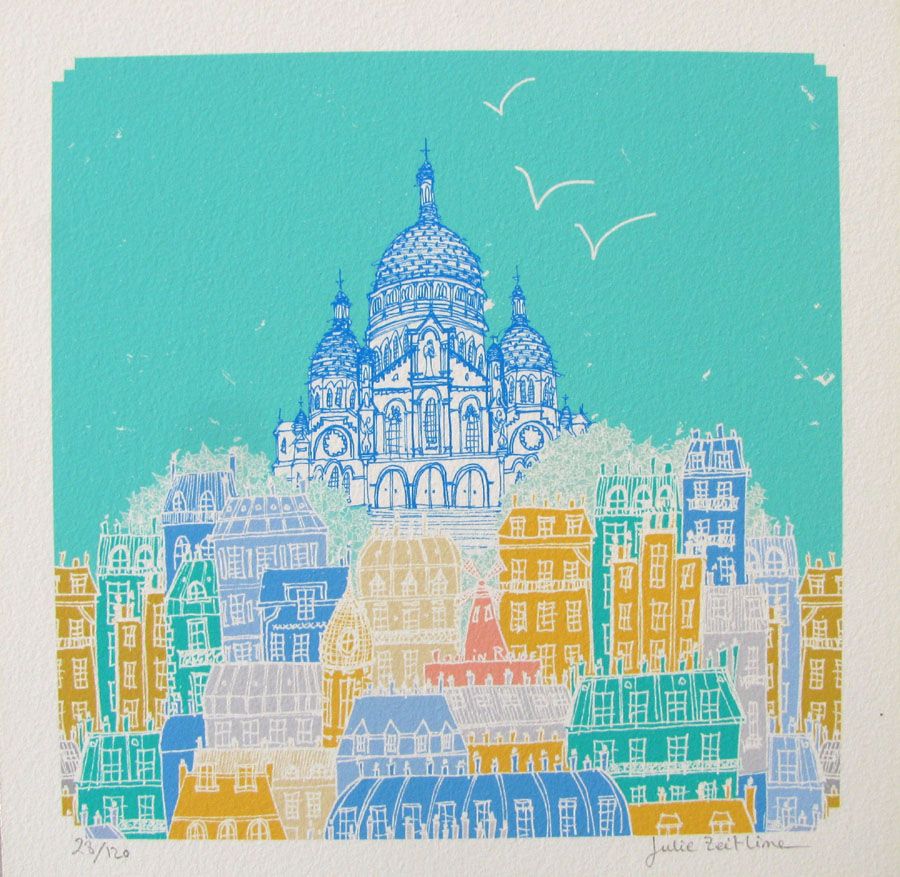 Estampe figuratif petit format bleu Dans les rues de Montmartre – JULIE ZEITLINE – 30 × 30 cm