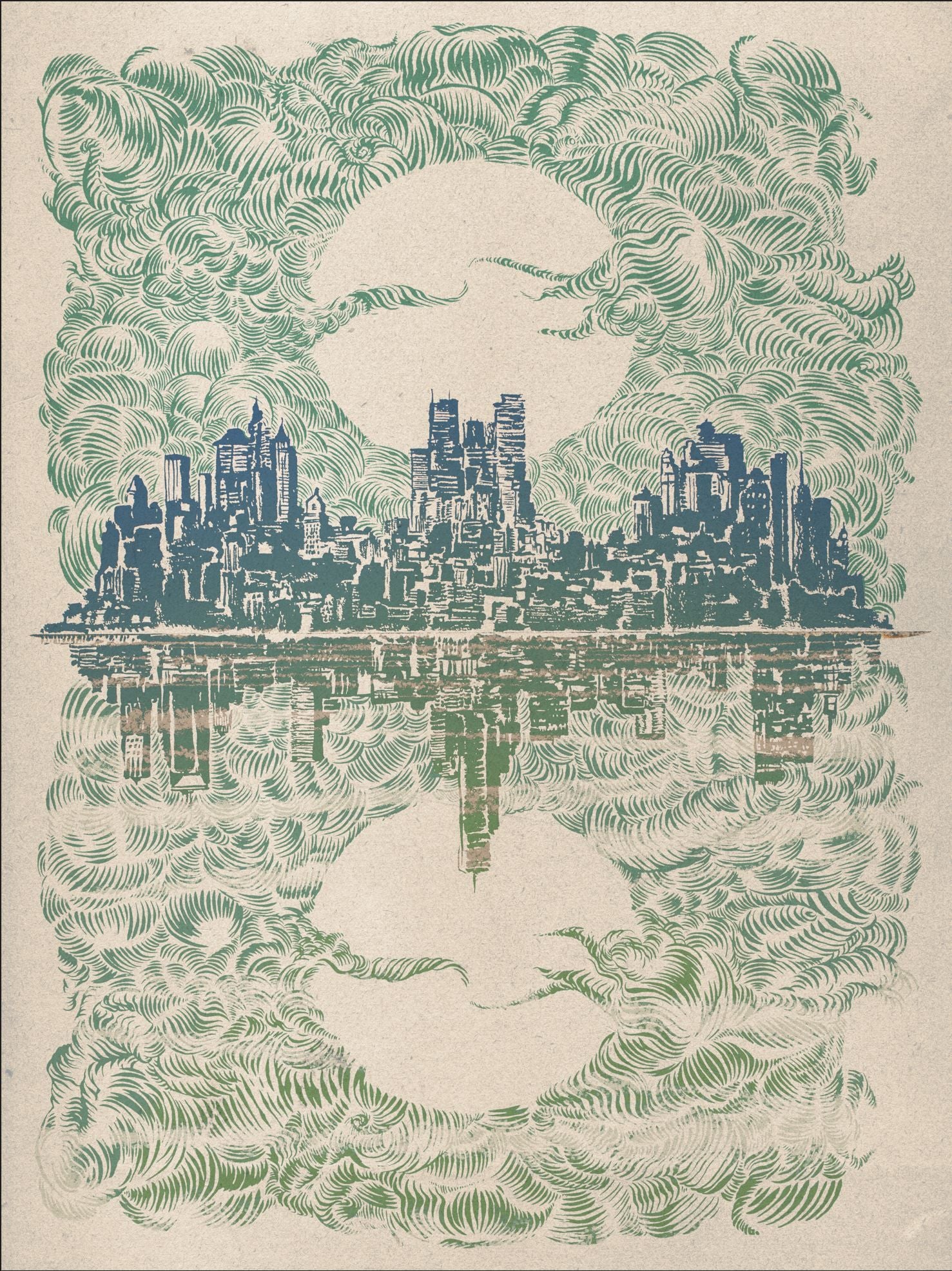 Estampe figuratif petit format bleu et vert Gotham City – Carlos Olmo – 30 × 40 cm