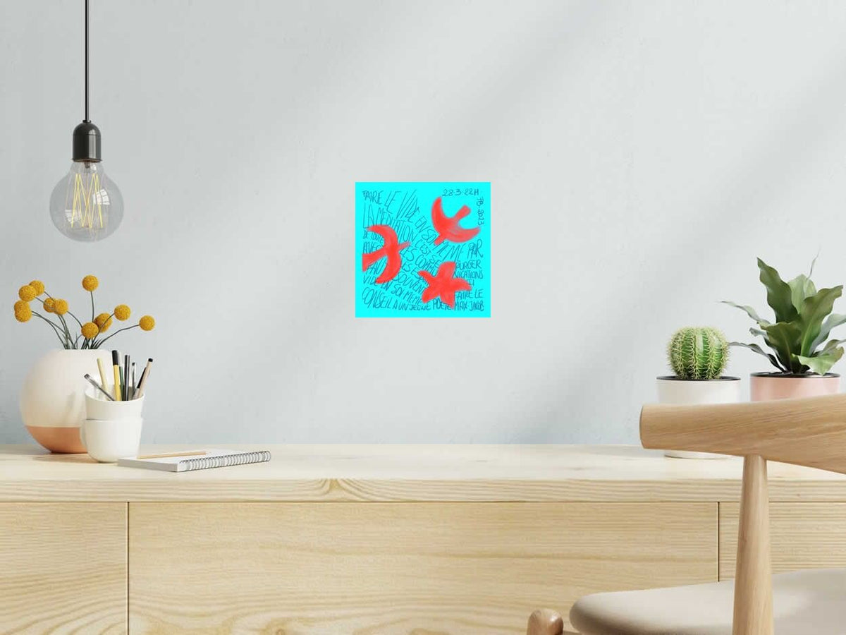 Estampe Les oiseaux bleu de FREDERIQUE BERTIN dans un intérieur – 20 × 20 cm