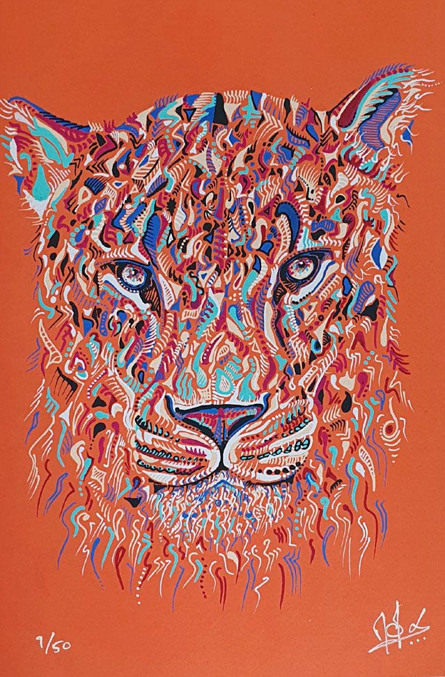 Estampe figuratif petit format gris LIONNE ORANGE – MOX – 20 × 30 cm