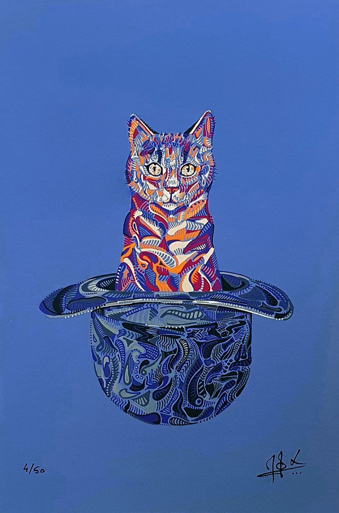 Estampe figuratif petit format gris MAGRITTE CHAT CHAPEAU – MOX – 20 × 30 cm