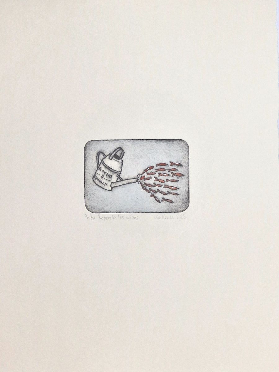 Estampe figuratif petit format repeupler les océans – NAVIEILLEVILLE – 18 × 26 cm