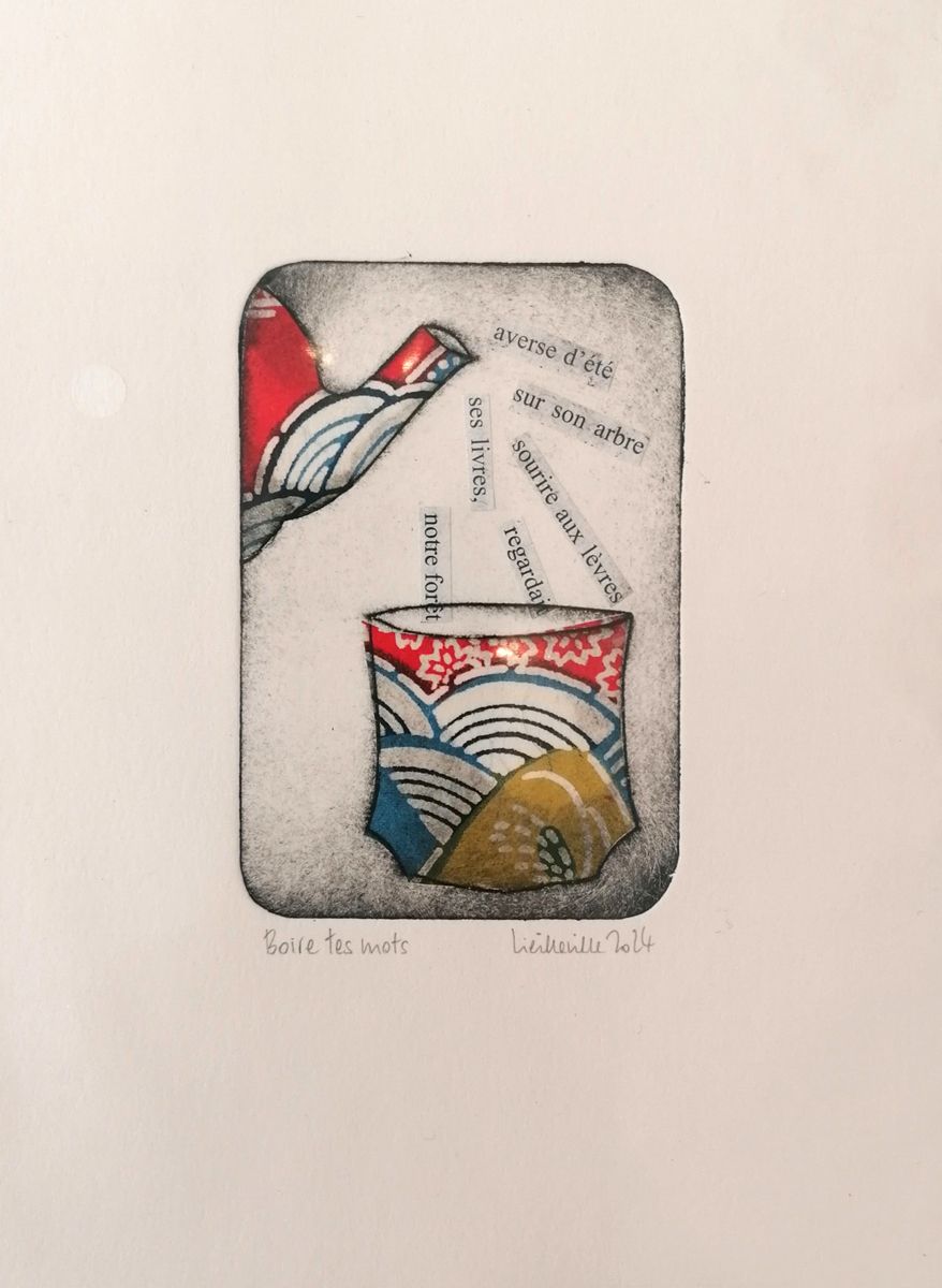 Estampe figuratif petit format noir Boire tes mots – NAVIEILLEVILLE – 15 × 20 cm