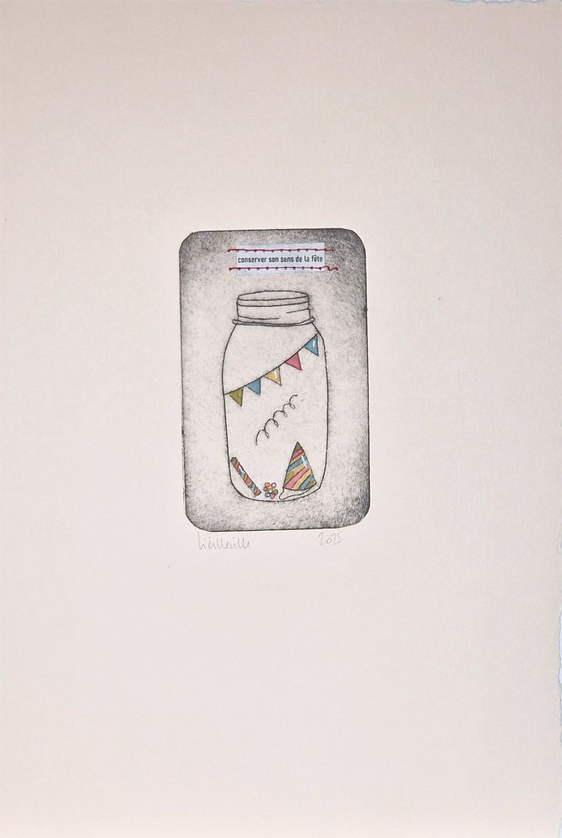 Estampe figuratif petit format noir Conserver son sens de la fête – NAVIEILLEVILLE – 15 × 20 cm