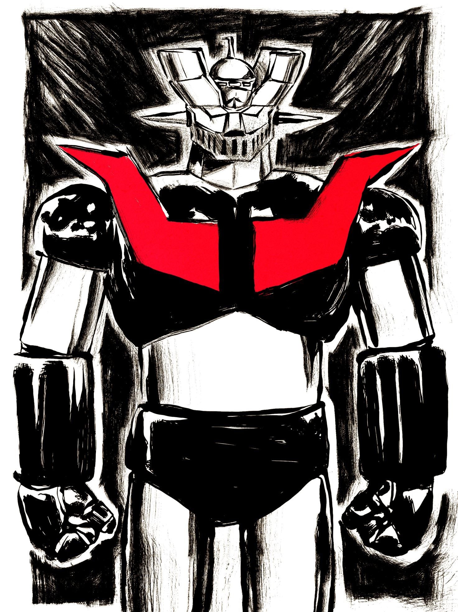 Estampe figuratif petit format noir et rouge Mazinger Z – Carlos Olmo – 30 × 40 cm