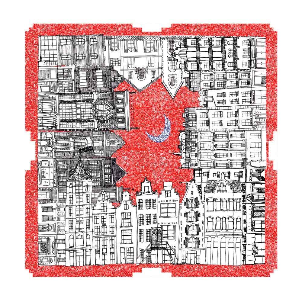 Estampe figuratif petit format noir et rouge Autour du monde – JULIE ZEITLINE – 30 × 30 cm