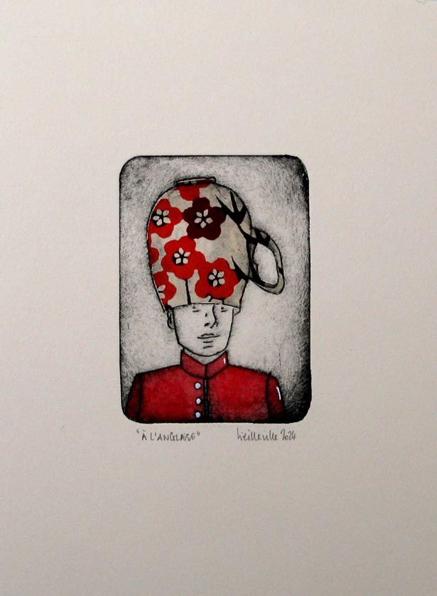 Estampe figuratif petit format noir et rouge The a l anglaise – NAVIEILLEVILLE – 15 × 20 cm