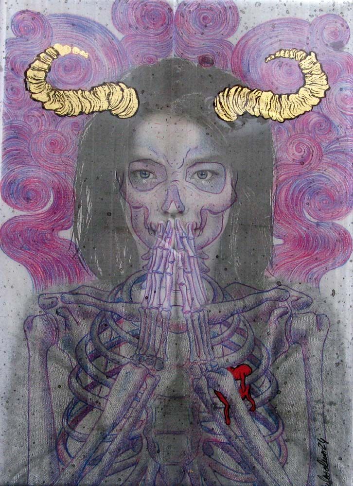 Estampe figuratif petit format noir et violet Bjork – Carlos Olmo – 19 × 27 cm