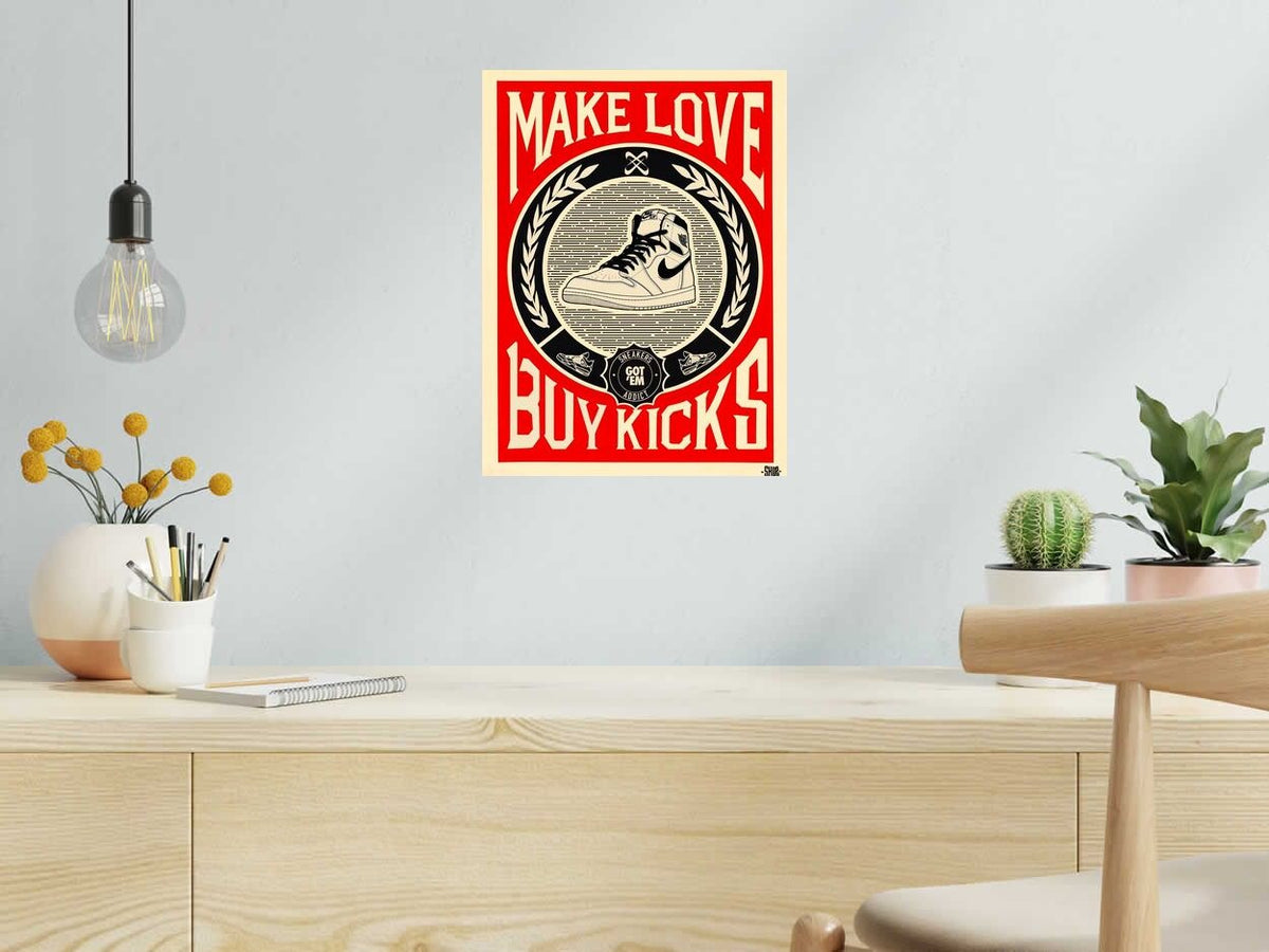 Estampe Make Love Buy Shuz de SHUZ dans un intérieur – 30 × 40 cm