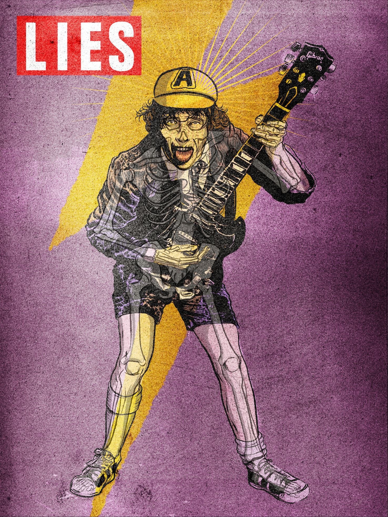 Estampe figuratif petit format violet Lies-Angus Young – Carlos Olmo – 30 × 40 cm