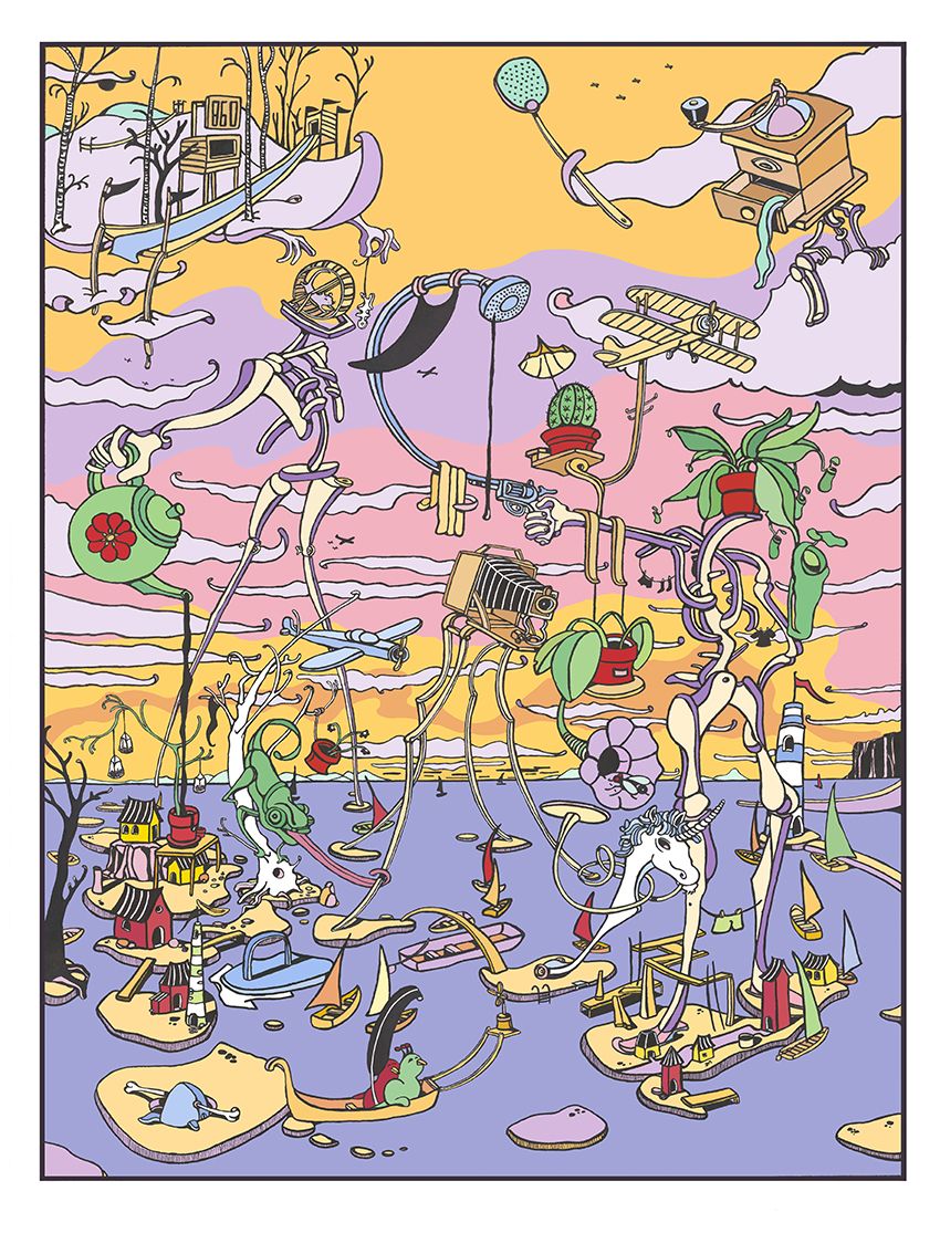 Estampe graphique petit format bleu et jaune Iles (maison verte) – Mark Temlett – 30 × 40 cm