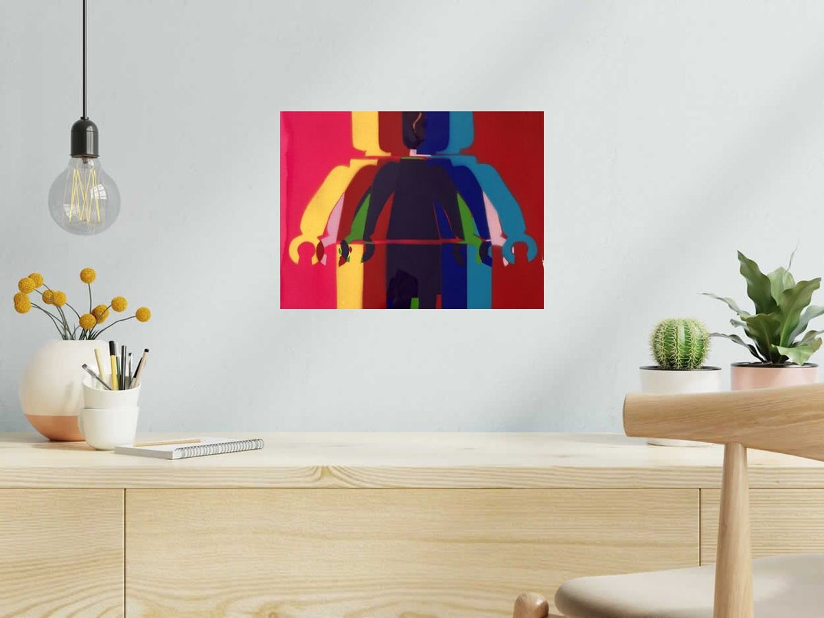 Estampe Lego rose et rouge de WAWAPOD dans un intérieur – 40 × 30 cm
