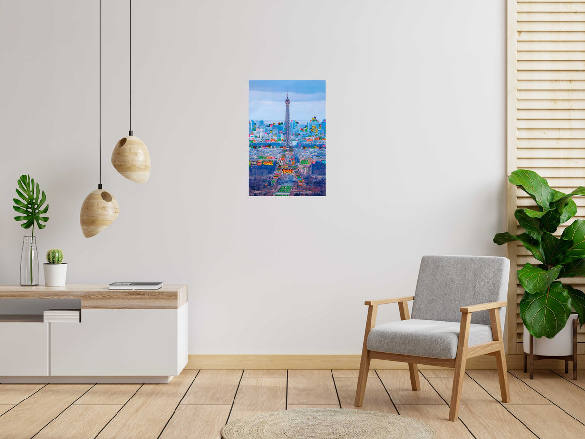 Estampe Paris panoramique bleu de BLACH dans un intérieur – 60 × 90 cm