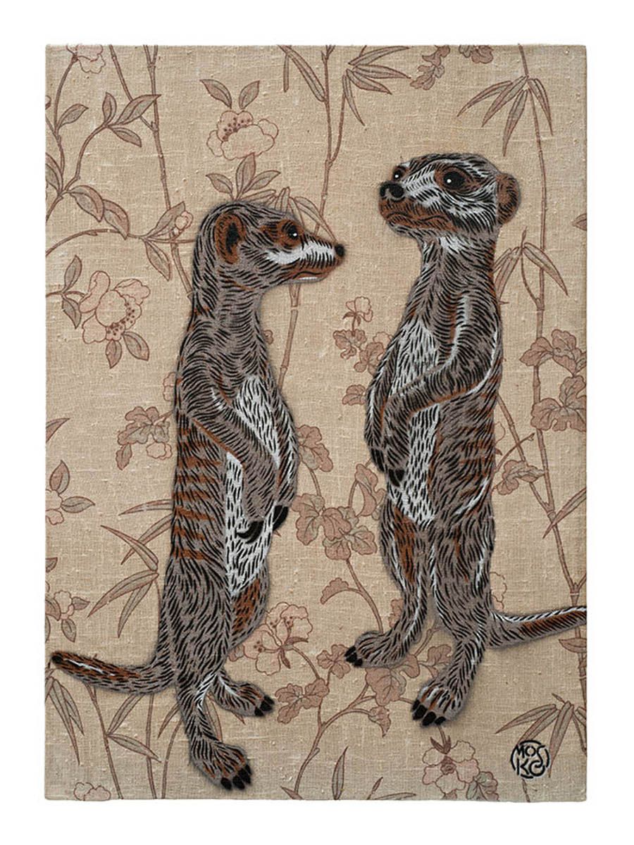 Estampe street art petit format beige et marron SURICATES – MOSKO – 30 × 40 cm