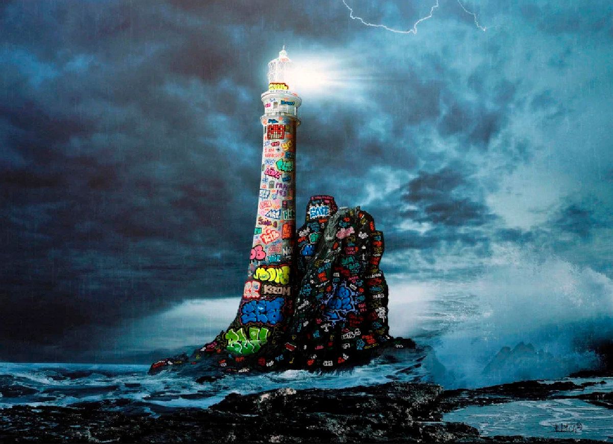 Estampe street art petit format Le phare sous la tempête – BLACH – 50 × 50 cm