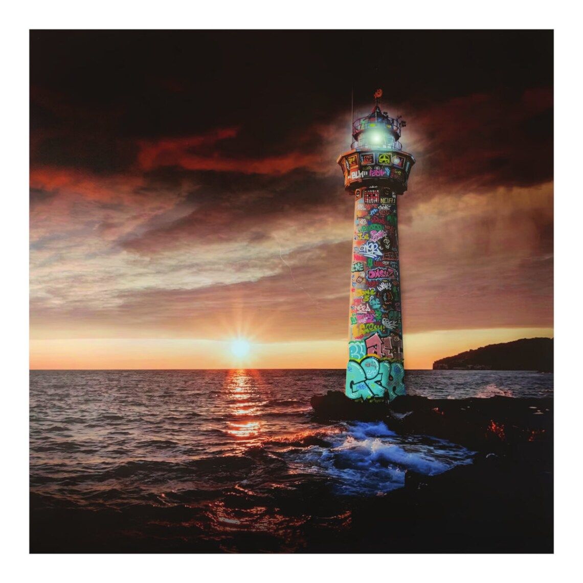 Estampe street art petit format Sunset VS Lighthouse – BLACH – 40 × 40 cm