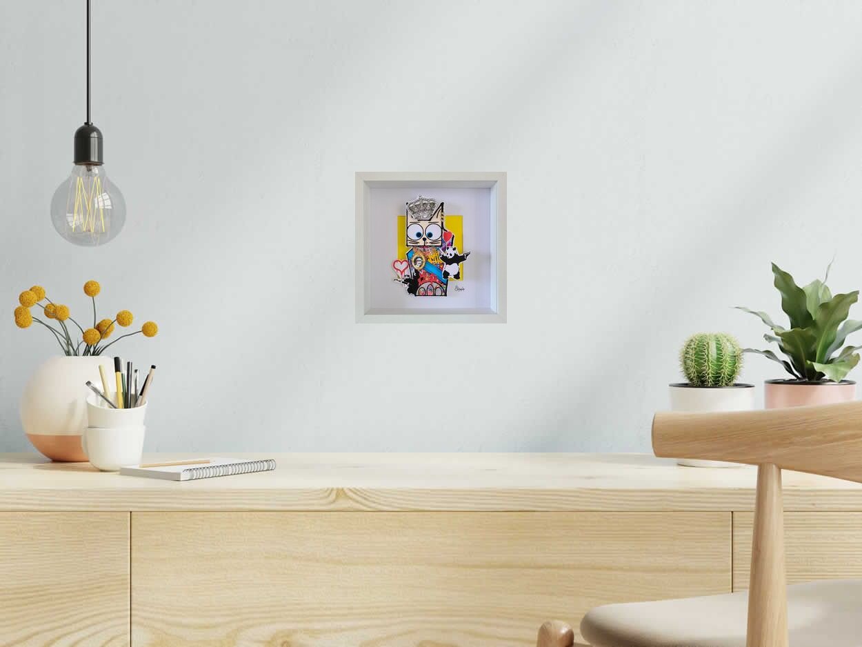 Estampe God Save The Cat de Stephanie Godann dans un intérieur – 2 × 2 cm