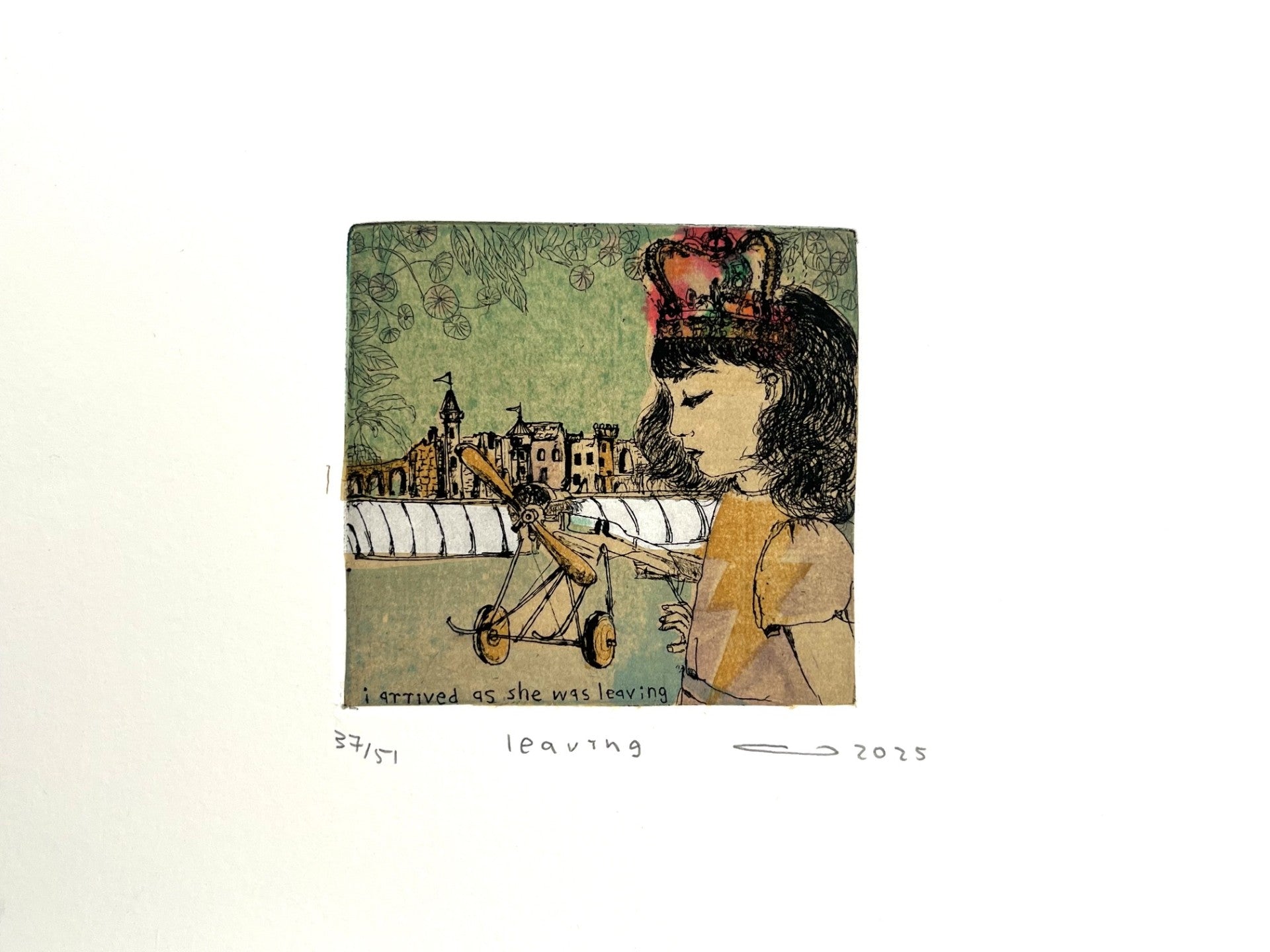 Gravure avion petit format ocre et violet leaving – ATSUKO ISHII – 21 × 15 cm