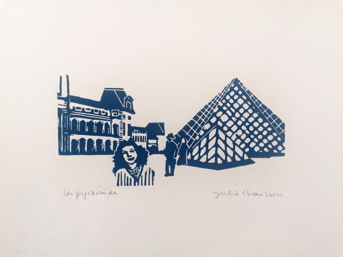 Gravure figuratif petit format bleu LES PYRAMIDES BLEU – JULIA CHAUSSON – 33 × 25 cm