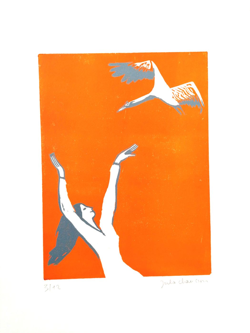 Gravure figuratif petit format gris et orange 1001 Grues – JULIA CHAUSSON – 3 × 44 cm