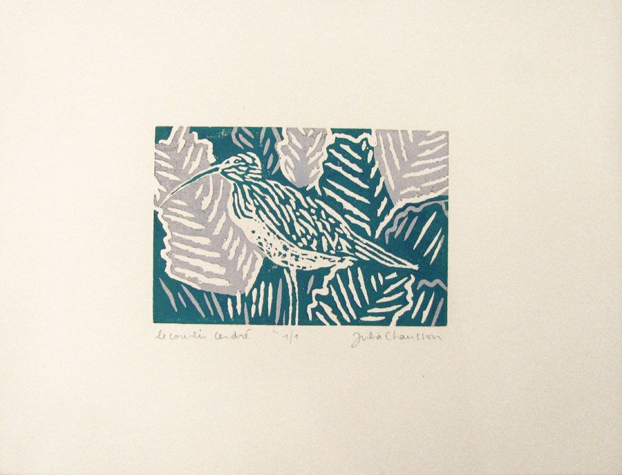 Gravure figuratif petit format gris et vert LE COURLIS CENDRÉ – JULIA CHAUSSON – 33 × 25 cm