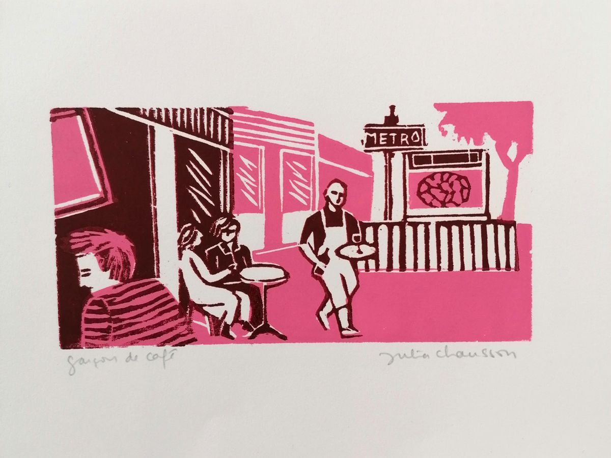 Gravure figuratif petit format marron et rose GARÇON DU CAFÉ ROSE ET MARRON – JULIA CHAUSSON – 30 × 2 cm