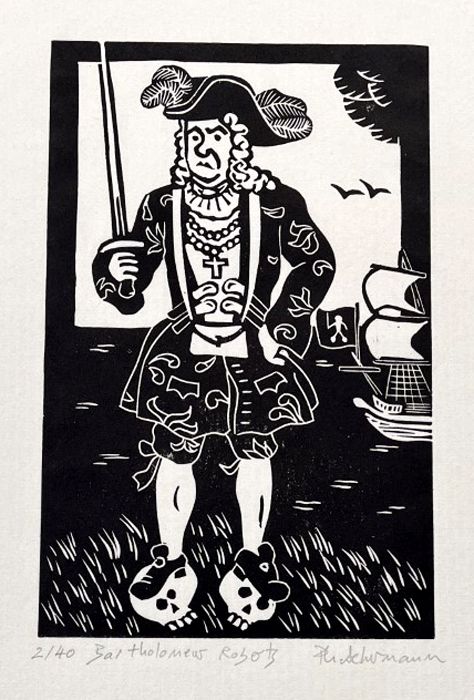Gravure figuratif petit format noir BARTHOLOMEW ROBERTS GRAVURE – PHILIPPE ACHERMANN – 18 × 24 cm