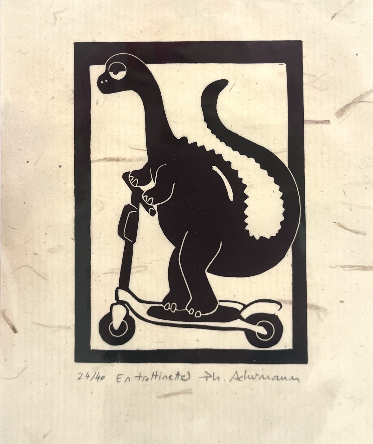 Gravure figuratif petit format noir EN TROTTINETTE – PHILIPPE ACHERMANN – 18 × 24 cm