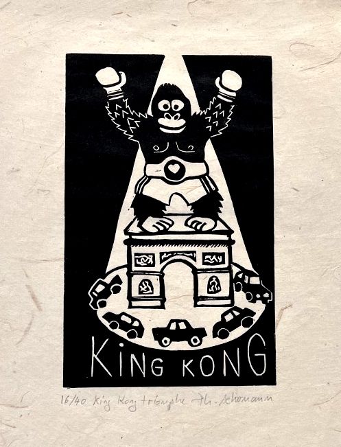 Gravure figuratif petit format noir KING KONG TRIOMPHE – PHILIPPE ACHERMANN – 18 × 24 cm
