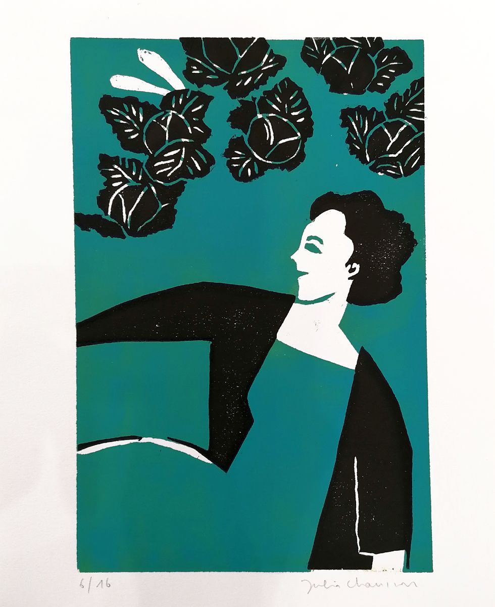 Gravure figuratif petit format noir et vert LAPIN PENSANT – JULIA CHAUSSON – 24 × 3 cm