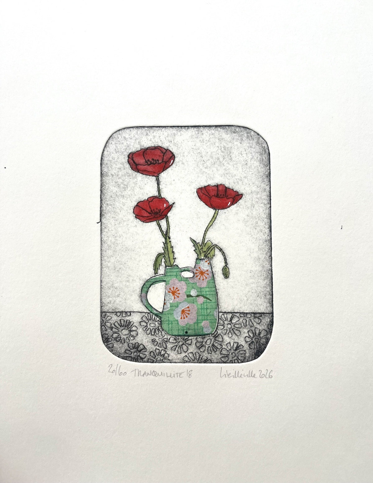 Gravure fleur petit format rouge Tranquilité 18 - 20/60 – NAVIEILLEVILLE – 27 × 18 cm