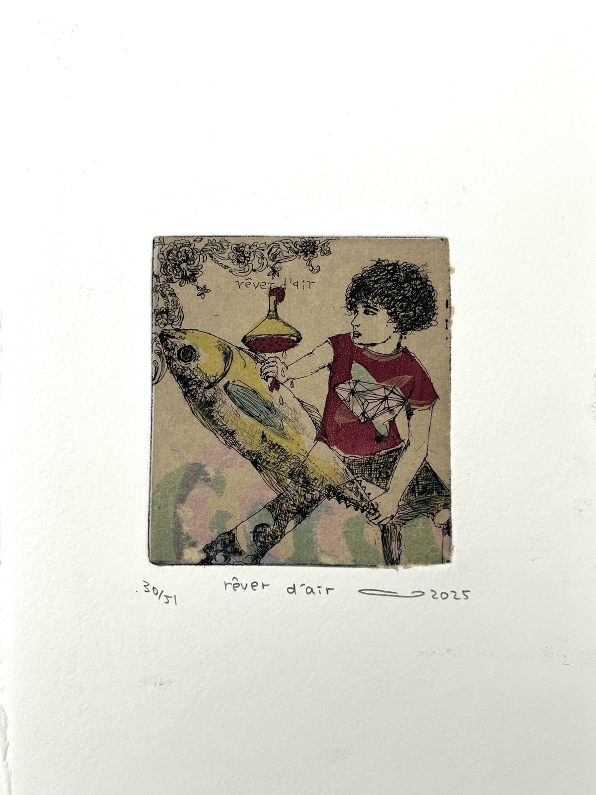 Gravure gravure petit format ocre et vert rêver d'air – ATSUKO ISHII – 15 × 21 cm