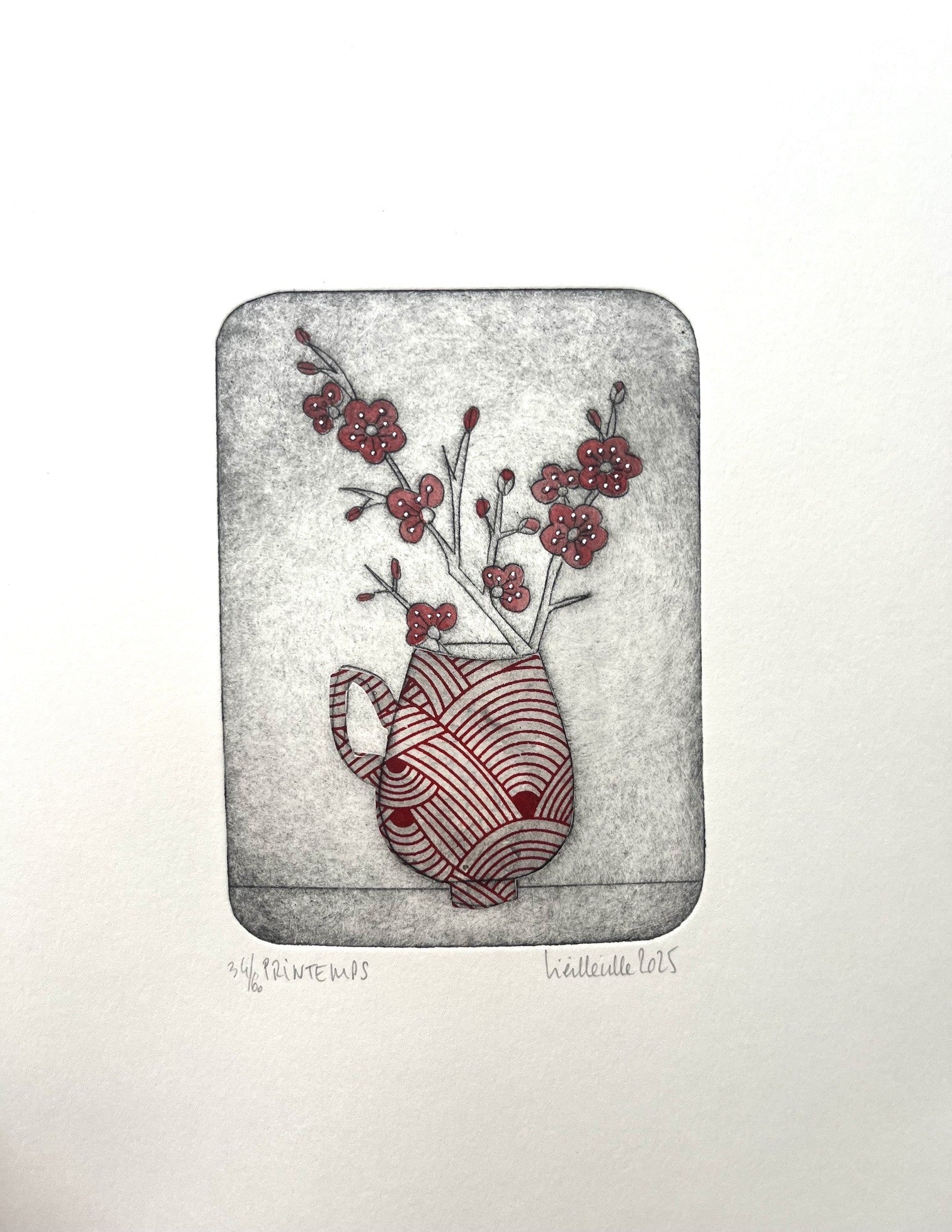 Gravure gravure petit format rouge Printemps - 34/60 – NAVIEILLEVILLE – 27 × 18 cm