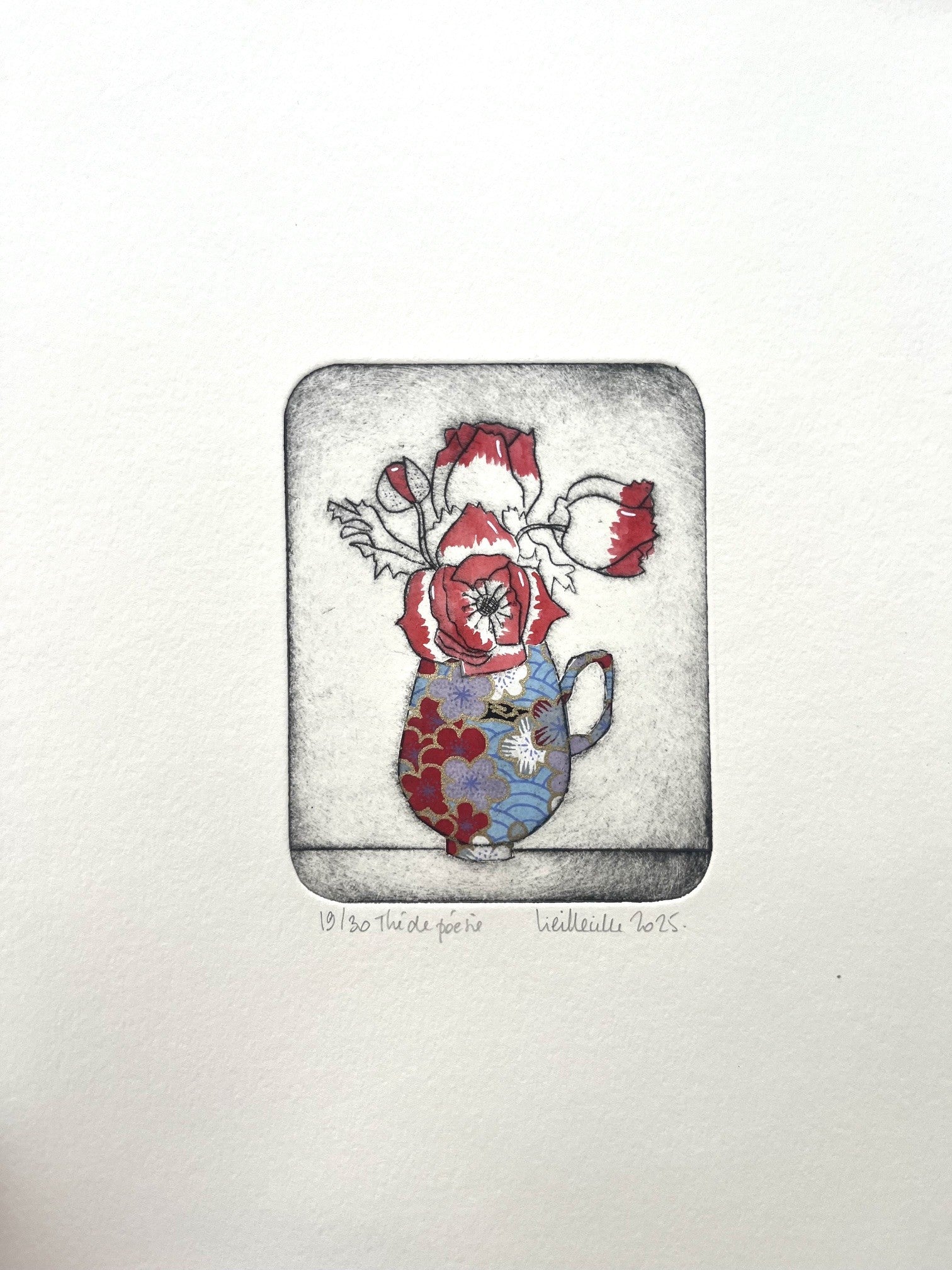 Gravure gravure petit format rouge Thé de poésie - 19/30 – NAVIEILLEVILLE – 27 × 18 cm