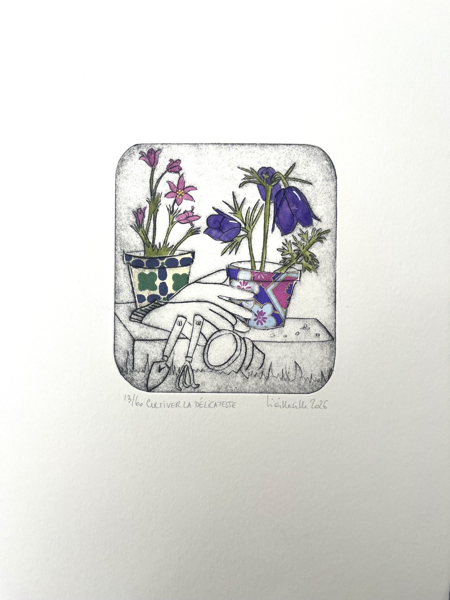 Gravure gravure petit format violet Cultiver la délicatesse - 13/60 – NAVIEILLEVILLE – 27 × 18 cm