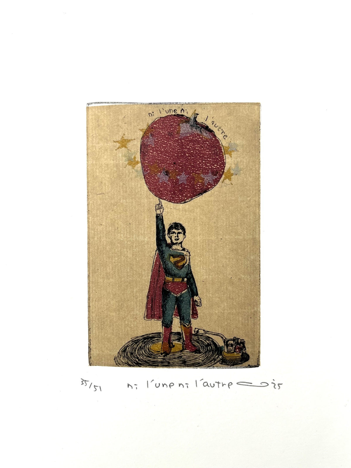 Gravure super-héros petit format ocre ni l'une ni l'autre – ATSUKO ISHII – 21 × 15 cm
