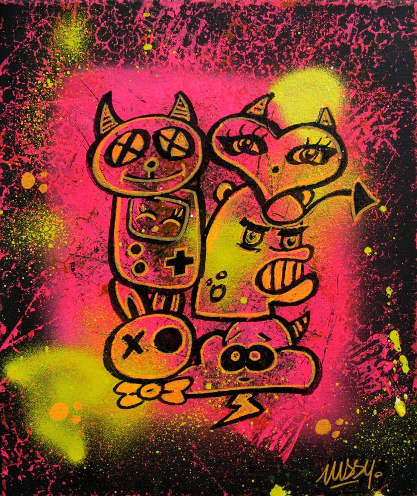 Tableau de LUSSY a pour titre kawaï graff jaune rose style graffiti, street pop art dim : LUSSYprix:80