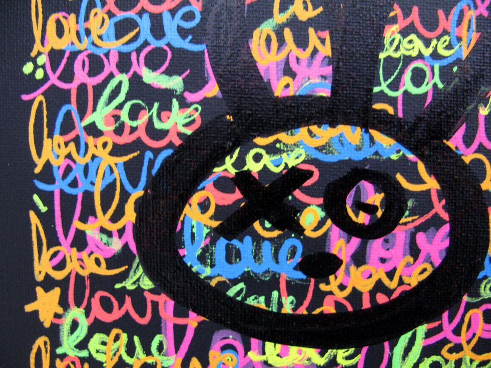 Tableau de LUSSY a pour titre lapin posca black style graffiti, street pop art dim : LUSSYprix:80