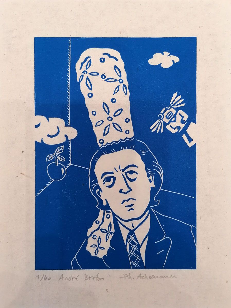 Linogravure figuratif petit format bleu André Breton – PHILIPPE ACHERMANN – 18 × 24 cm