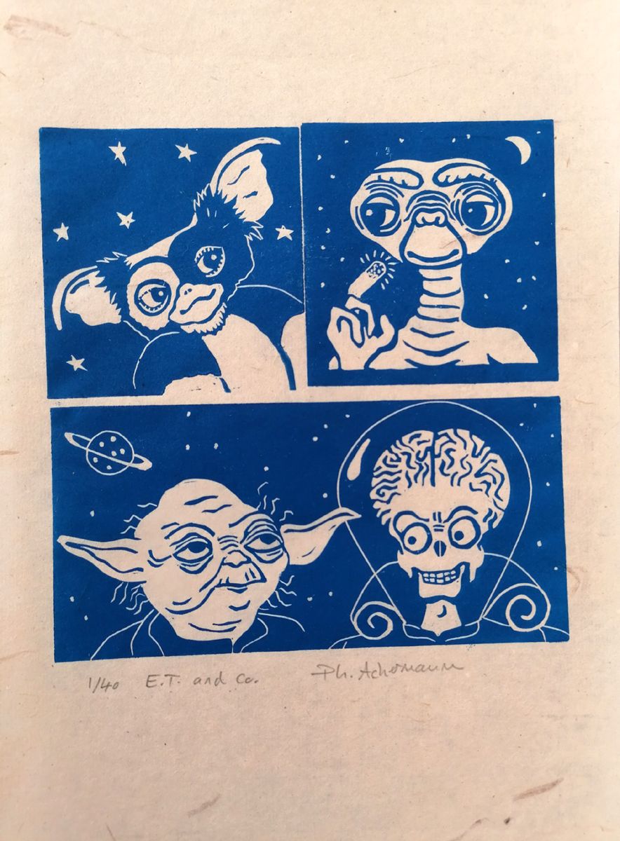 Linogravure figuratif petit format bleu E.T. AND CO. – PHILIPPE ACHERMANN – 20 × 30 cm