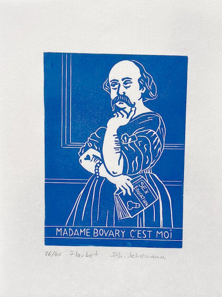 Linogravure figuratif petit format bleu Flaubert – PHILIPPE ACHERMANN – 24 × 18 cm