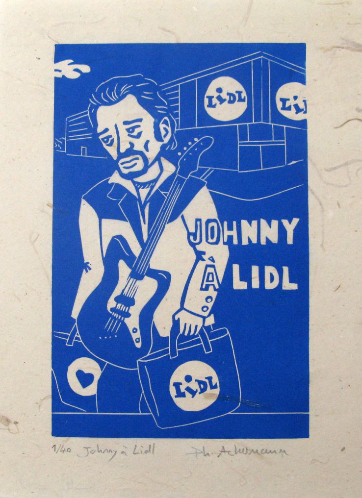 Linogravure figuratif petit format bleu Johnny à Lidl – PHILIPPE ACHERMANN – 18 × 24 cm