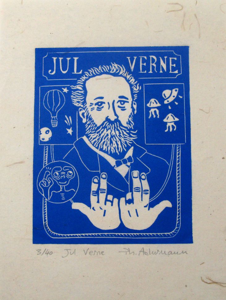 Linogravure figuratif petit format bleu Jul Verne – PHILIPPE ACHERMANN – 18 × 24 cm