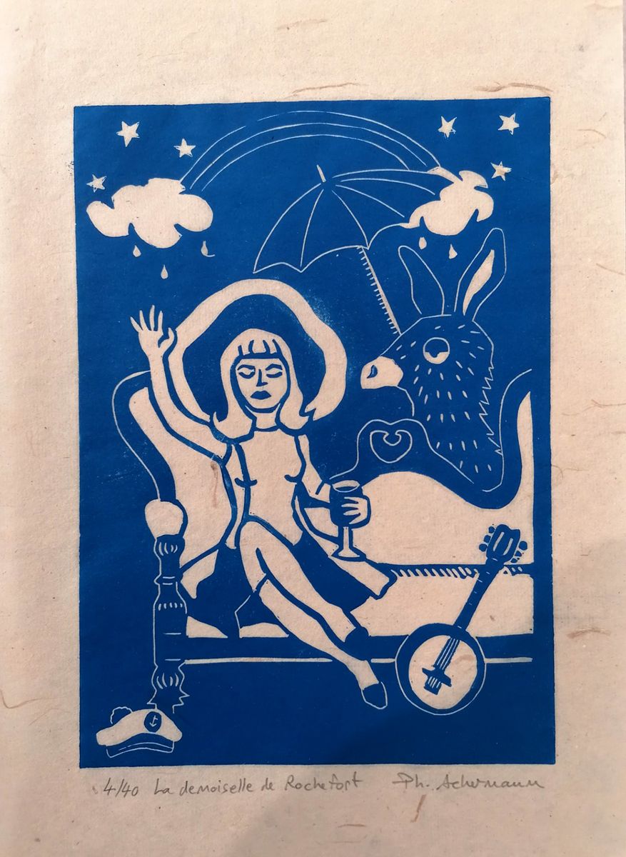 Linogravure figuratif petit format bleu LA DEMOISELLE DE ROCHEFORT – PHILIPPE ACHERMANN – 20 × 30 cm