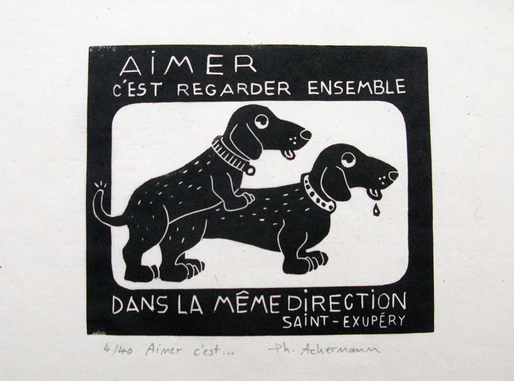 Linogravure figuratif petit format noir Aimer c'est regarder ensemble – PHILIPPE ACHERMANN – 18 × 24 cm