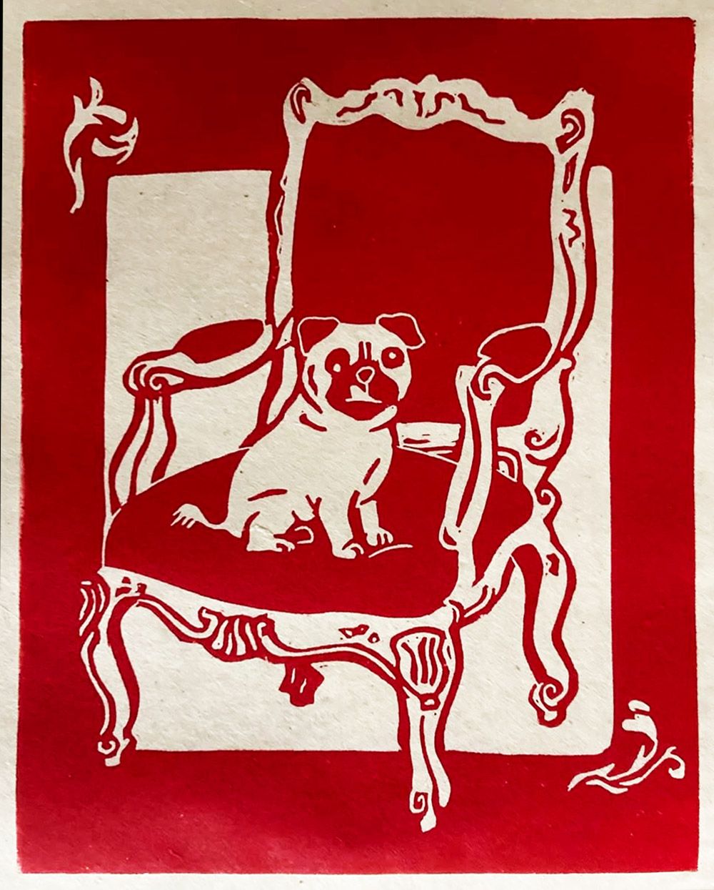 Linogravure figuratif petit format noir Carlin et fauteuil Louis XV – PHILIPPE ACHERMANN – 18 × 24 cm